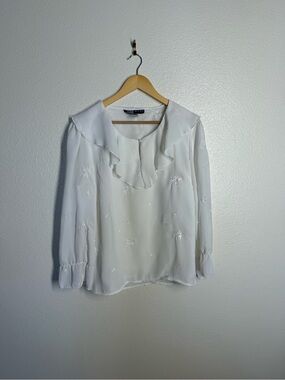 Softwear White Ruffle-Trim Embroidered V-Neck Blouse